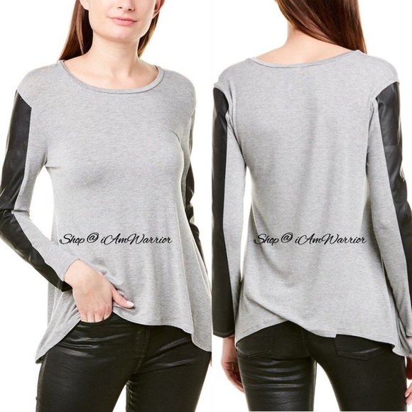 BCBGMaxAzria mixed media faux leather sleeve top *shop@iamwarrior - Picture 1 of 8